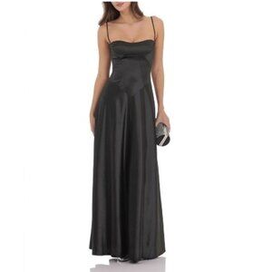 Lucy In The Sky- Satin Square Neck Maxi Dress in Black NWT